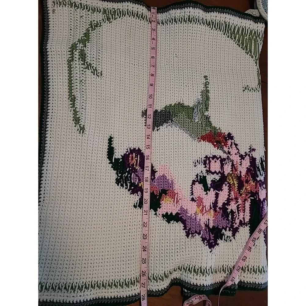 Hand Knit Flowers And Hummingbirds Couch/Table Runnner 28 X 58 Purple Pink Green